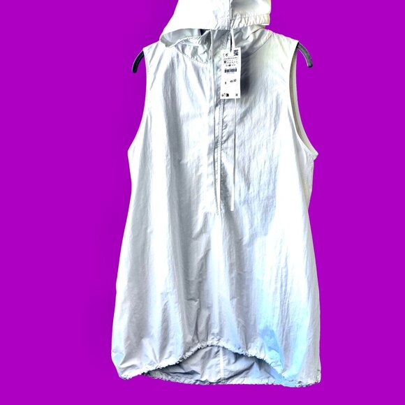 ZARA White Shirt Dress Tunic Top Hood Sleeveless Snap Cinch Hem Medium NEW - Picture 5 of 16